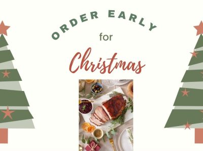Order Early for Christmas with an image of ham on dinner table